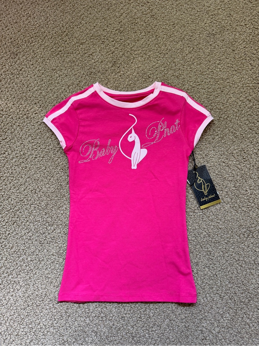 Baby Phat Hot Pink Tee with Light Pink Trim and Rhinestone Cat